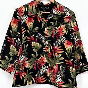 Silkland Zebra 100% Silk Jacket Blazer Womens Size 8 Black Tropical Palm EUC